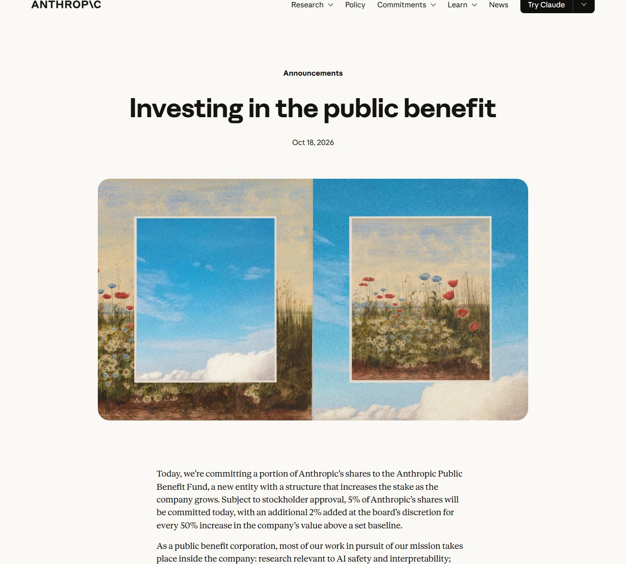 Anthropic 官方公告页：Investing in the public benefit