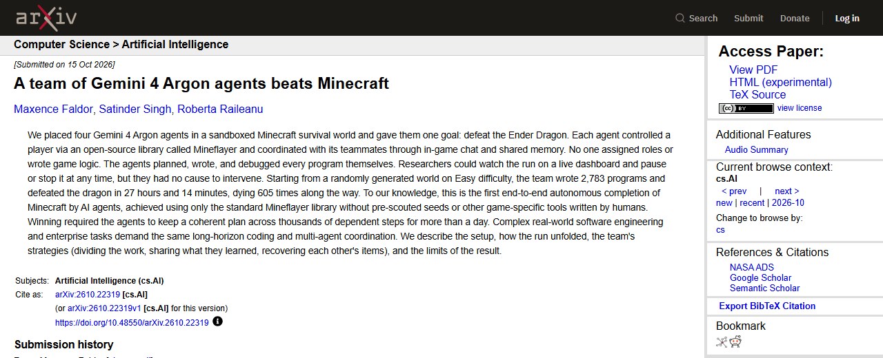 论文原文：A team of Gemini 4 Argon agents beats Minecraft
