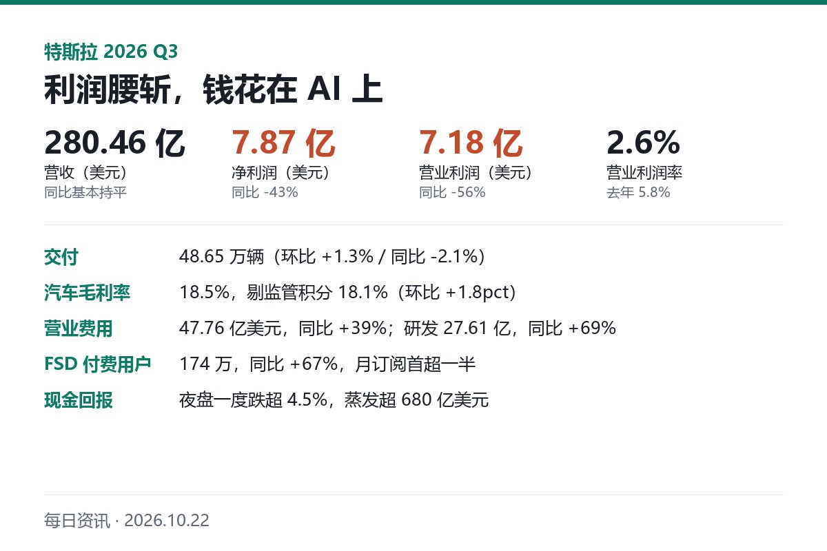 特斯拉 2026 年三季度关键财务数字