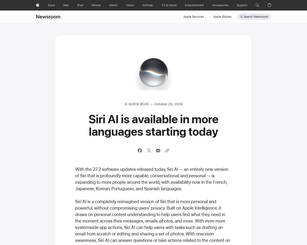 苹果新闻室公告:27.2 更新后 Siri AI 新增五种语言
