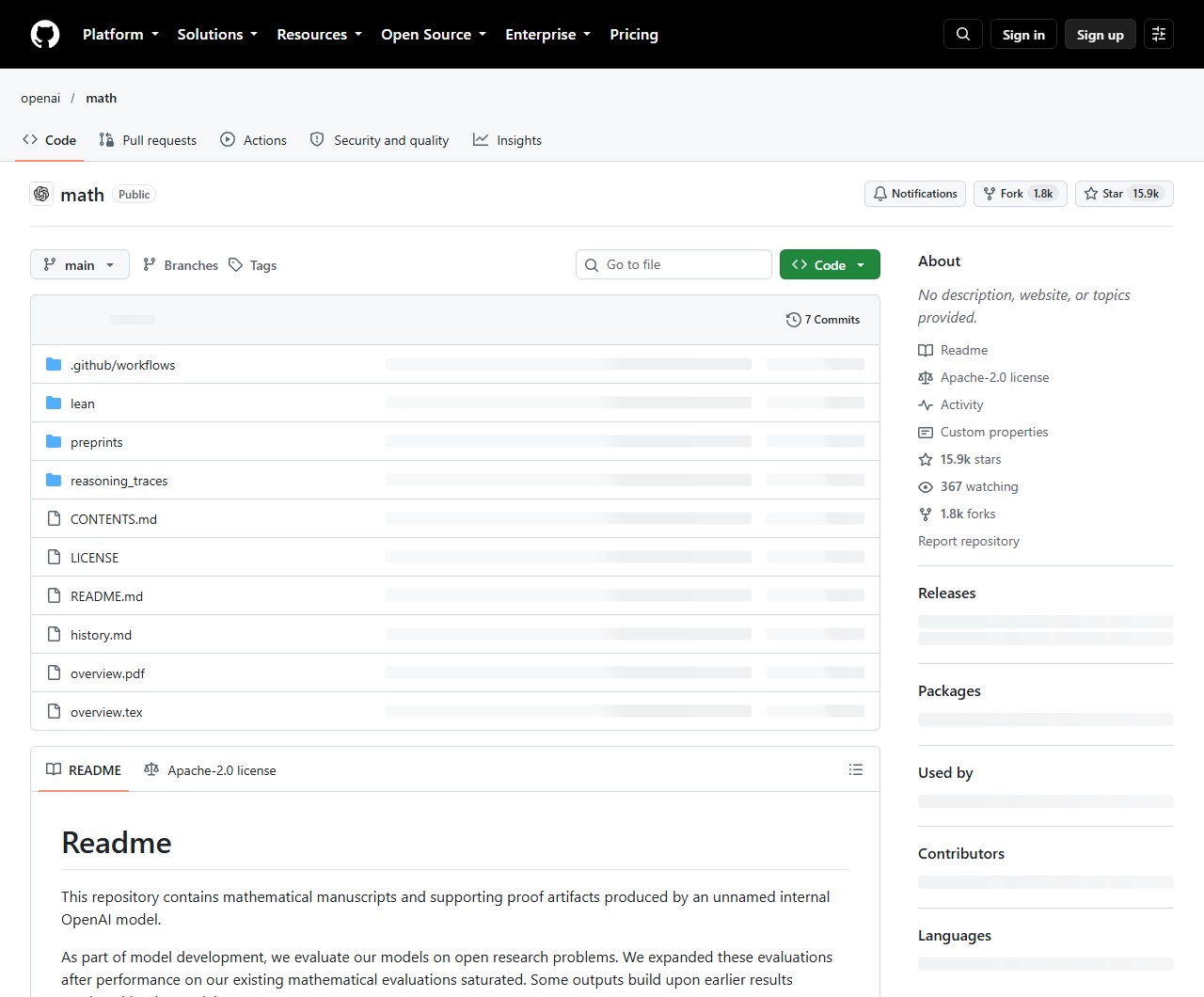 OpenAI 在 GitHub 的 openai/math 仓库:lean、preprints、reasoning_traces 全公开